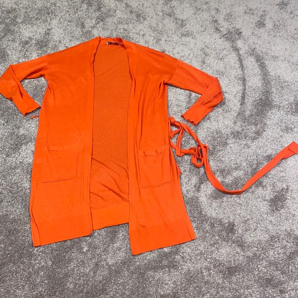 LOFT Bright Orange Open Front Cardigan Tie Waist Lightweight Sweater SIZE S